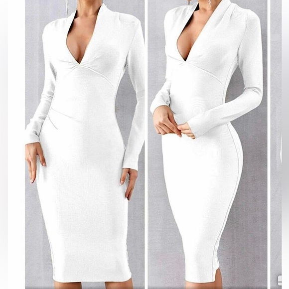 Custom Made White Long Sleeve Bodycon Dress - Picture 1 of 4